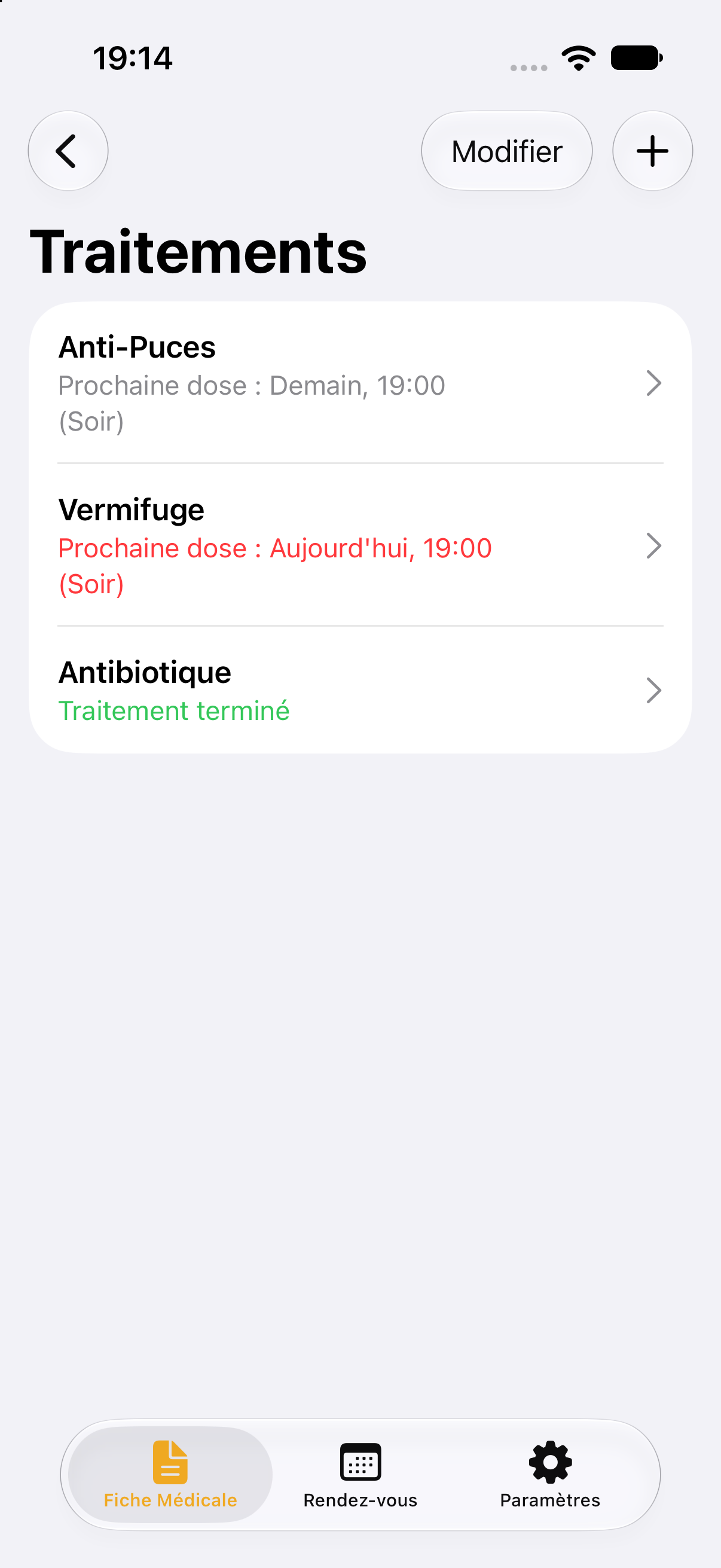 Liste des traitements et des prochaines prises dans MayaPets